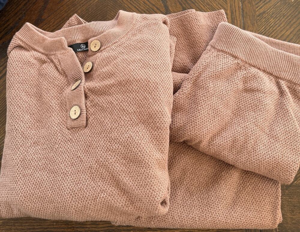 LILLUSORY Brown Knit Two-Piece Lounge Set Henley Top & Pants Women’s Size M